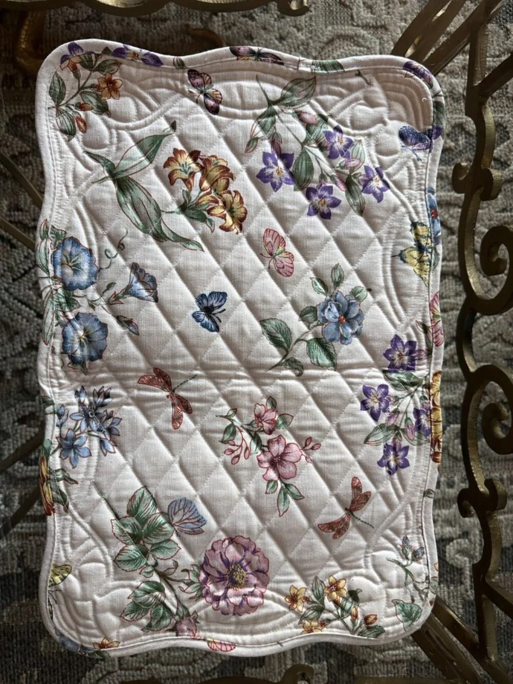 2 Vintage Floral Butterfly Placemats Quilted Table Mats Cottage Garden Linens